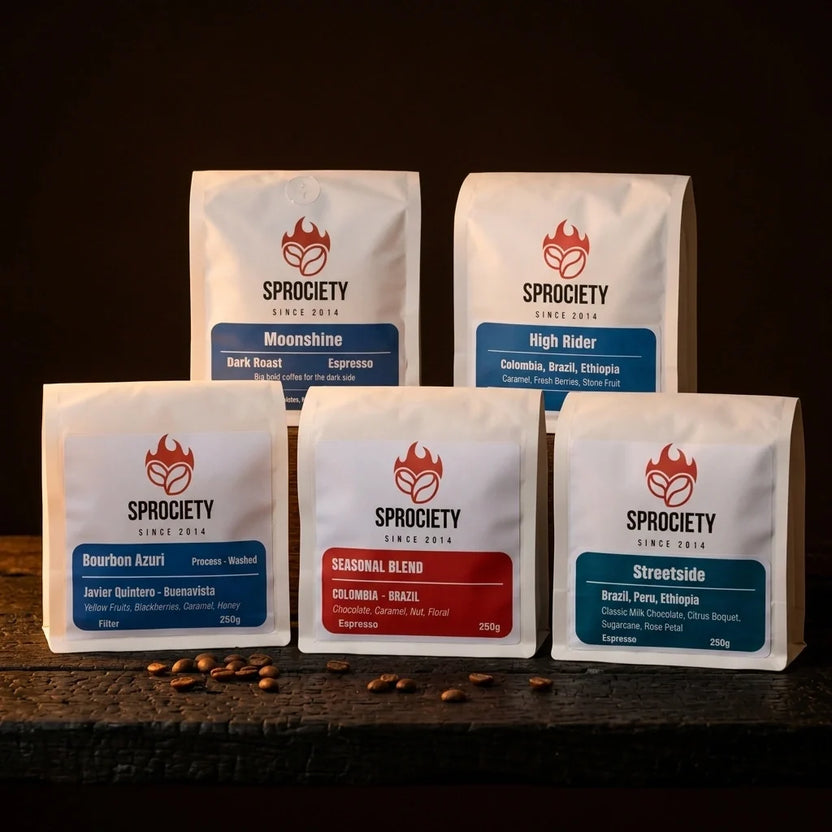 Espresso coffee beans collection roasted in Melbourne by Sprociety