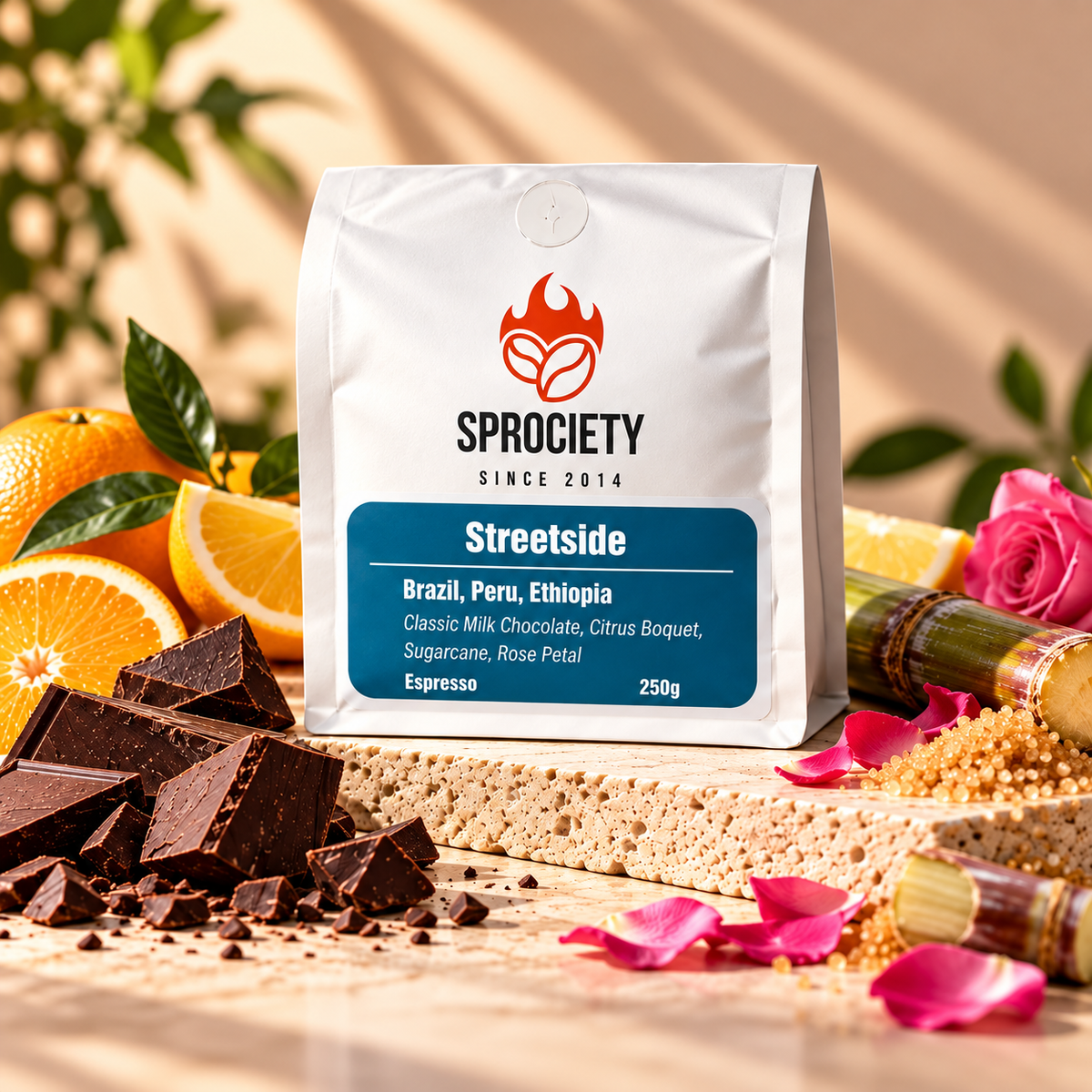 Streetside espresso still life – bold dark blend ideal for milk coffee