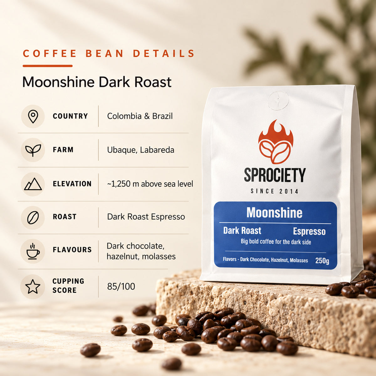 moonshine dark roast coffee bean details