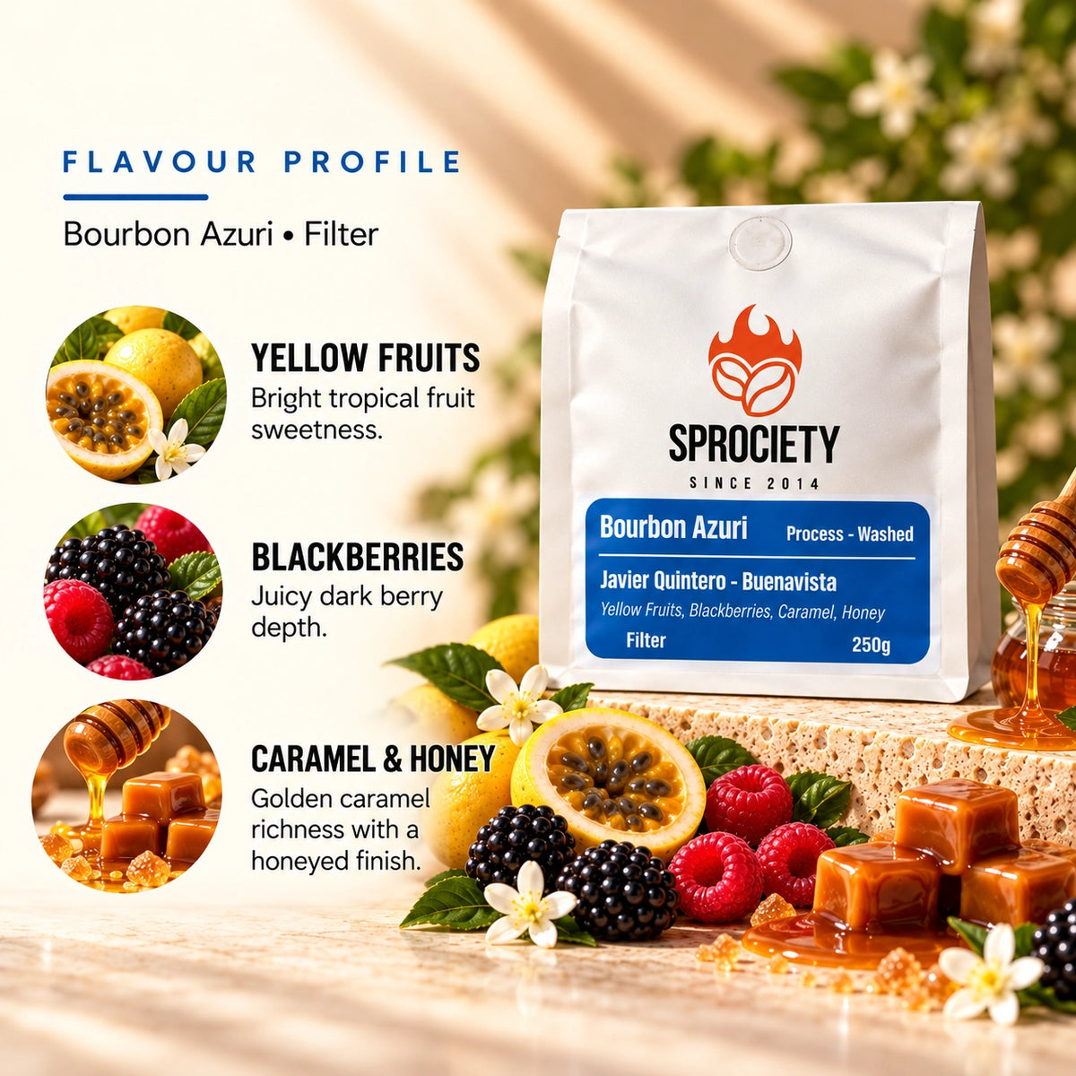 Bourbon Azuri tasting notes – yellow fruit, blackberry, caramel and honey
