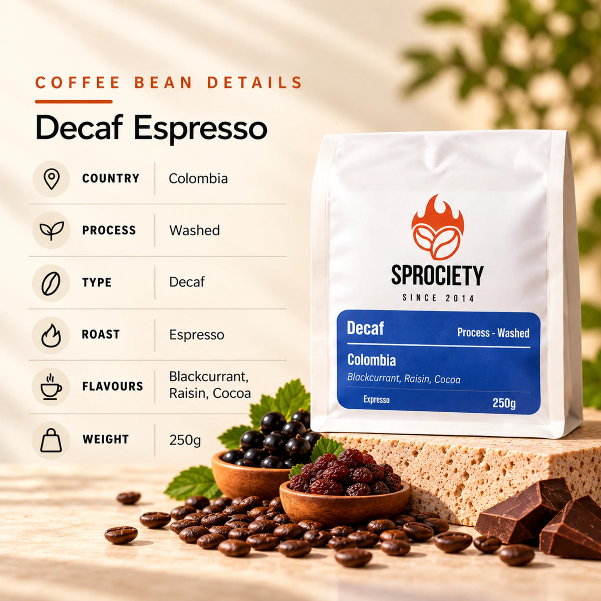 Colombian Decaf coffee bean closeup – washed single-origin Colombia specialty beans, naturally decaffeinated with sugar cane process