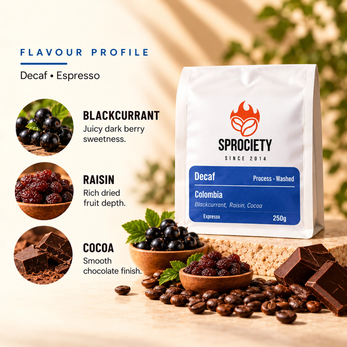 Colombian Decaf Coffee flavour profile – blackcurrant, raisin and cocoa tasting notes