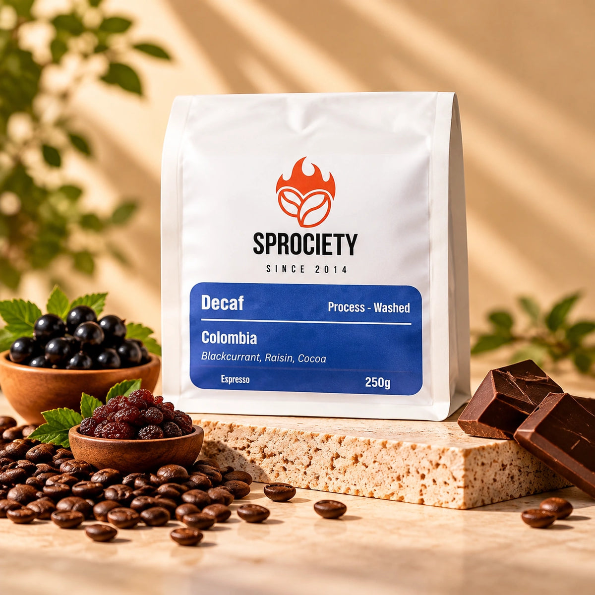 Sprociety Colombian Decaf Espresso 250g bag – sugar cane decaffeination process, 99.9% caffeine-free specialty coffee roasted in Melbourne