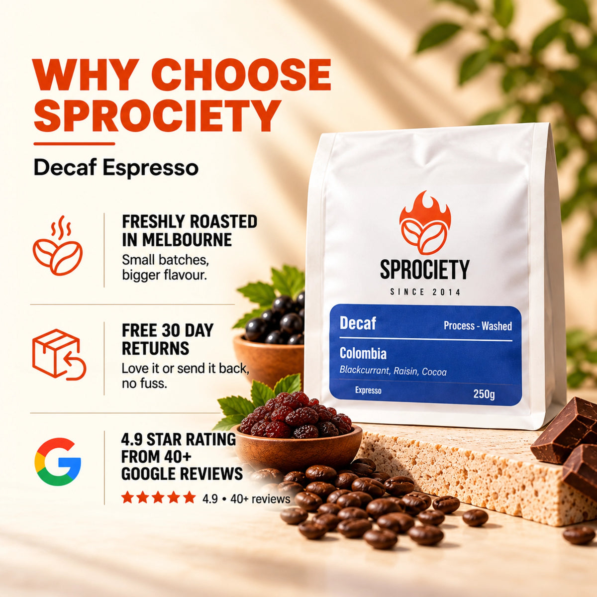 Why choose Sprociety Decaf Colombia – 86-point naturally decaffeinated specialty coffee, roasted fresh in Melbourne