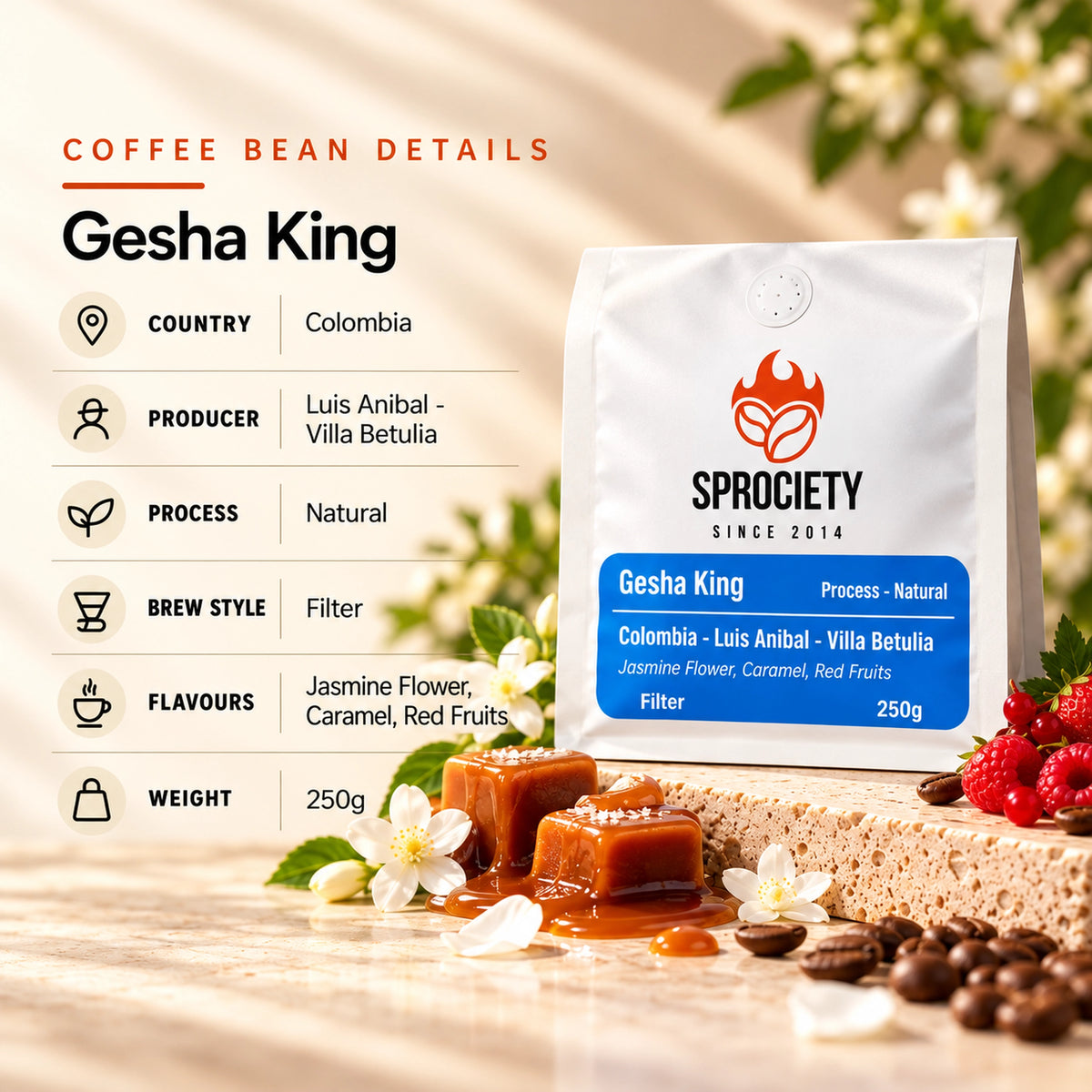 Gesha King coffee beans closeup – natural process Gesha variety, Colombia