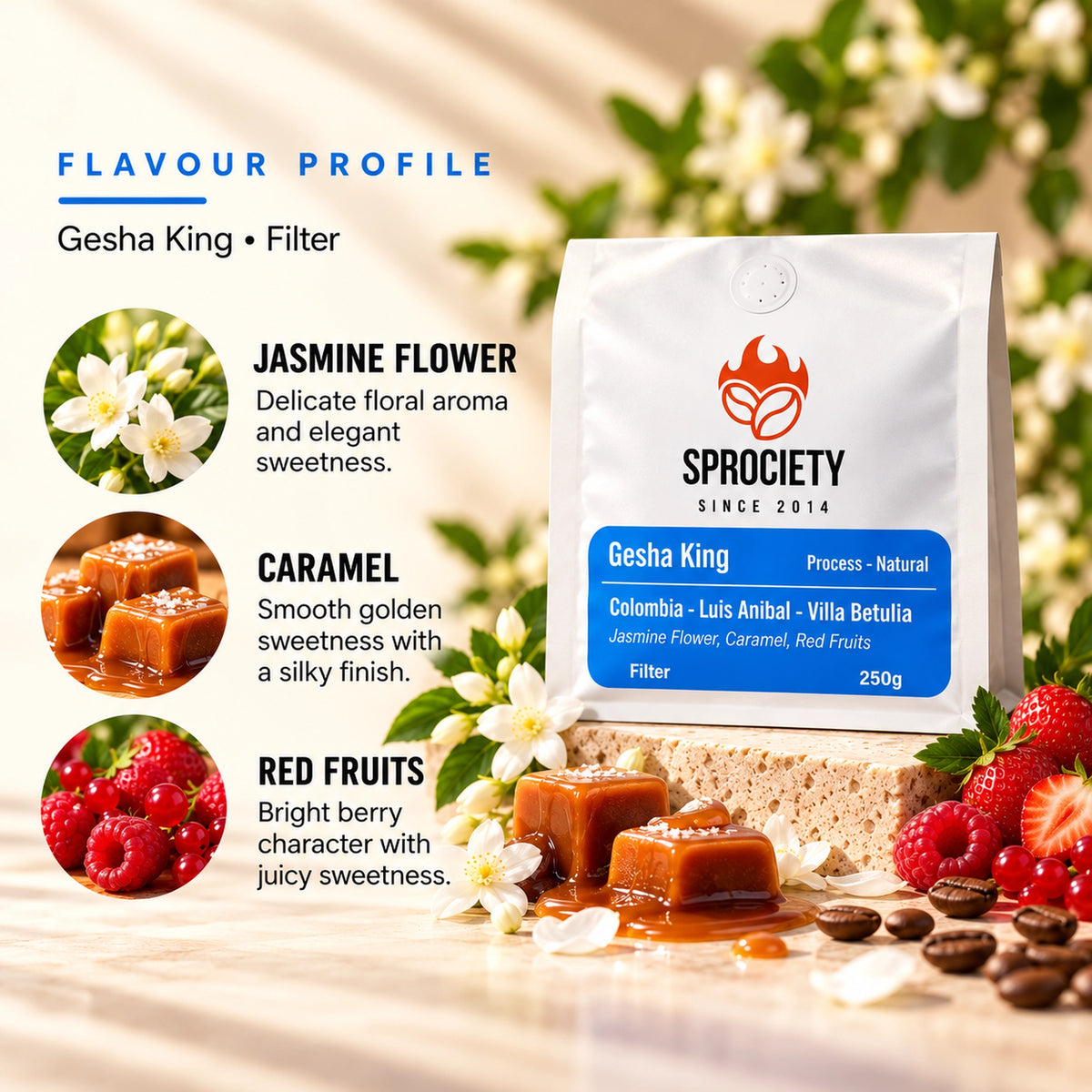 Gesha King tasting notes – jasmine florals, caramel and red fruit
