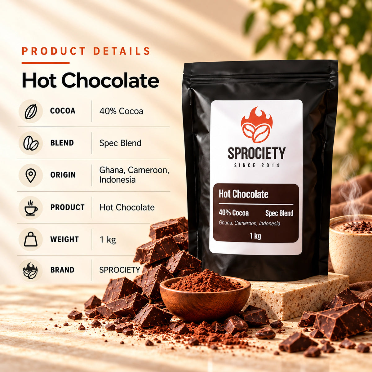 Premium Hot Chocolate product details – vegan, caffeine-free, dairy-free options