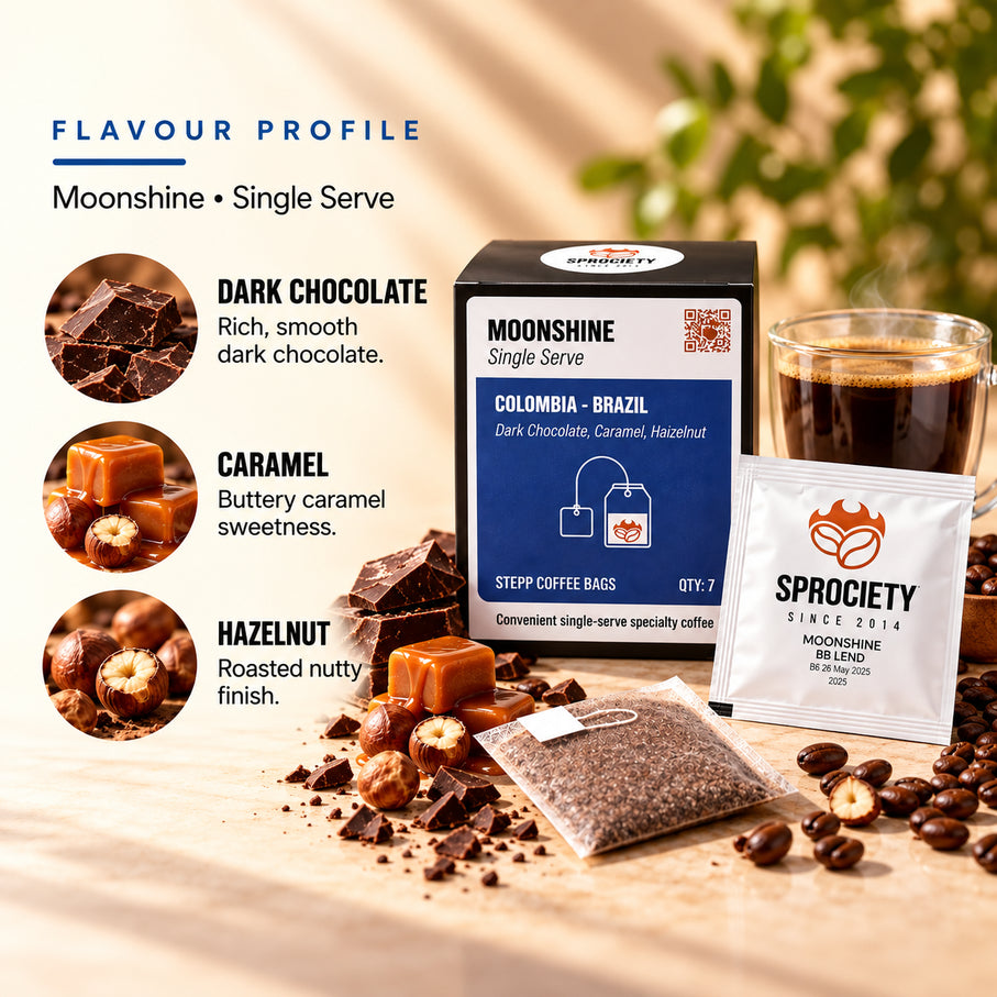 Moonshine Steep Bags tasting notes – dark chocolate, caramel and hazelnut