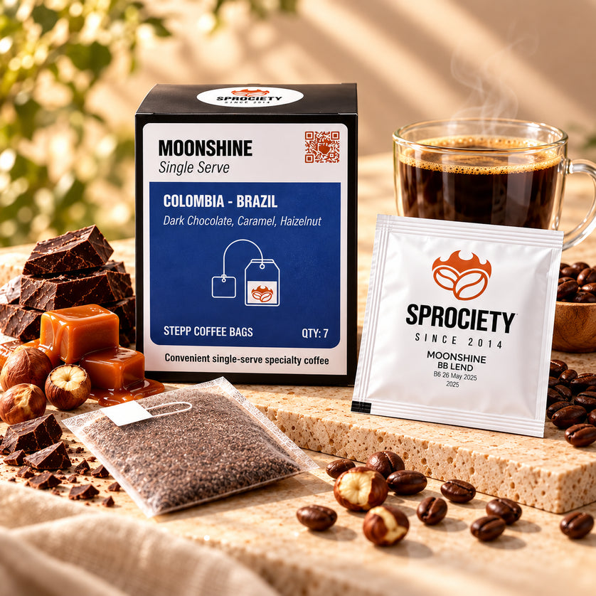 Sprociety Moonshine steep bags pack – dark chocolate, caramel, hazelnut