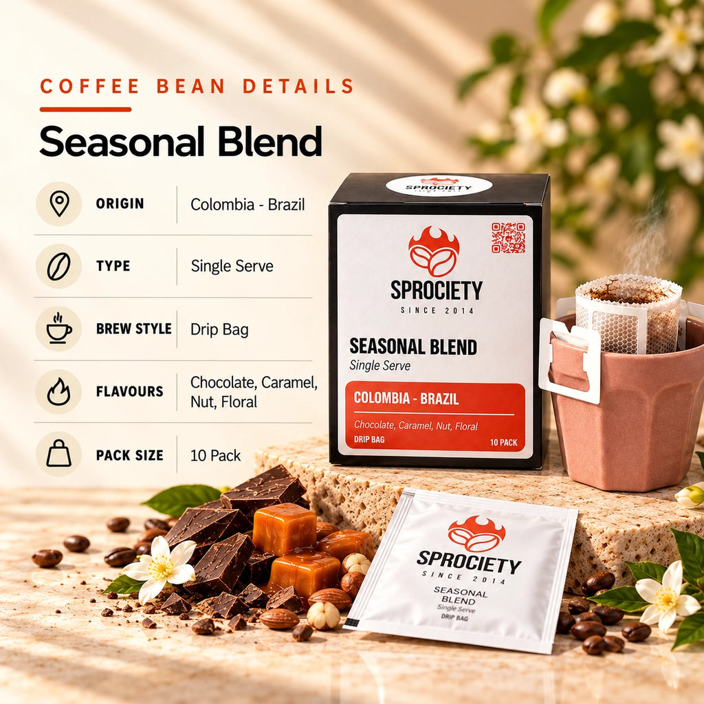 Seasonal Blend drip bag beans closeup – Colombia and Brazil specialty blend