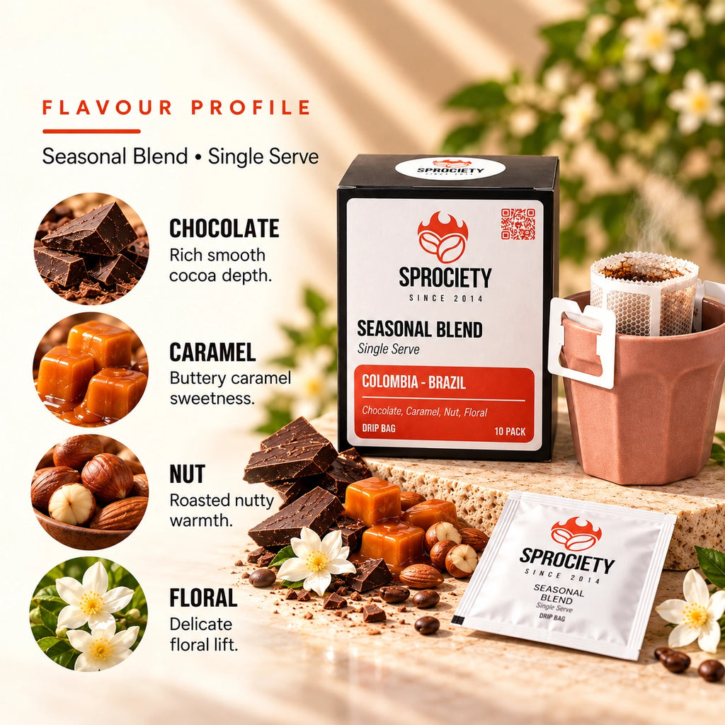 Seasonal Blend Drip Bags tasting notes – chocolate, caramel and soft floral