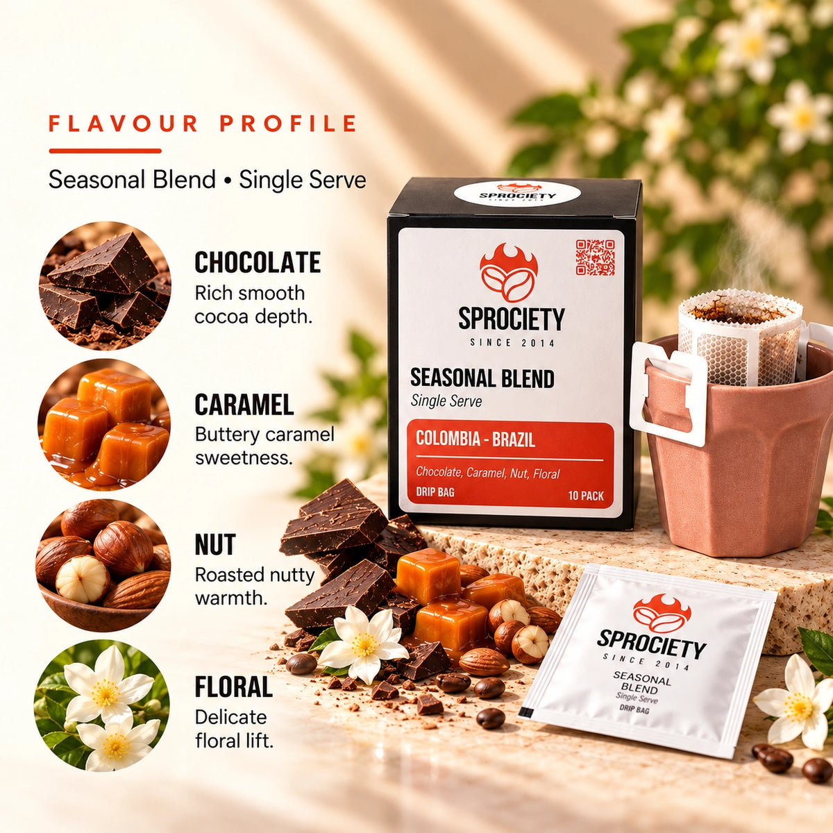 Seasonal Blend Drip Bags tasting notes – chocolate, caramel and soft floral