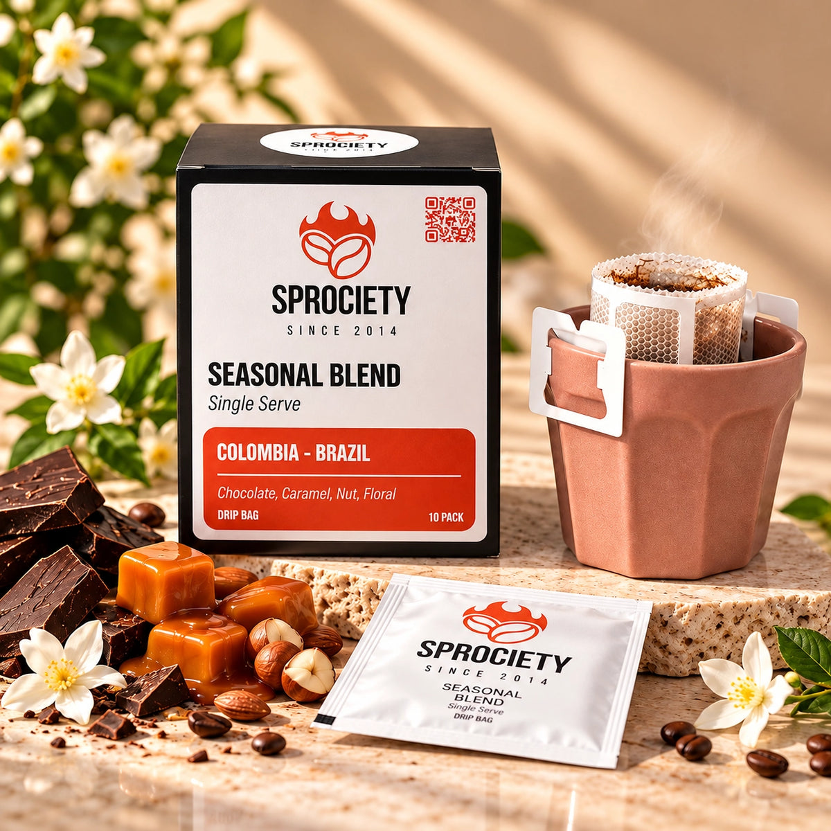 Sprociety Seasonal Blend drip bags – chocolate, caramel and floral notes