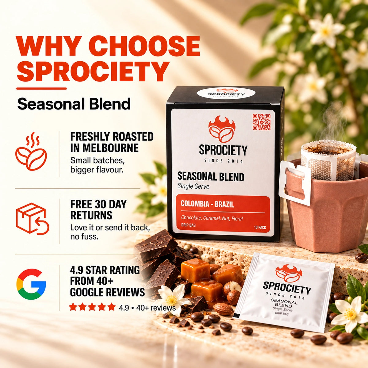 Why choose Sprociety Seasonal Blend drip bags – roasted fresh in Melbourne