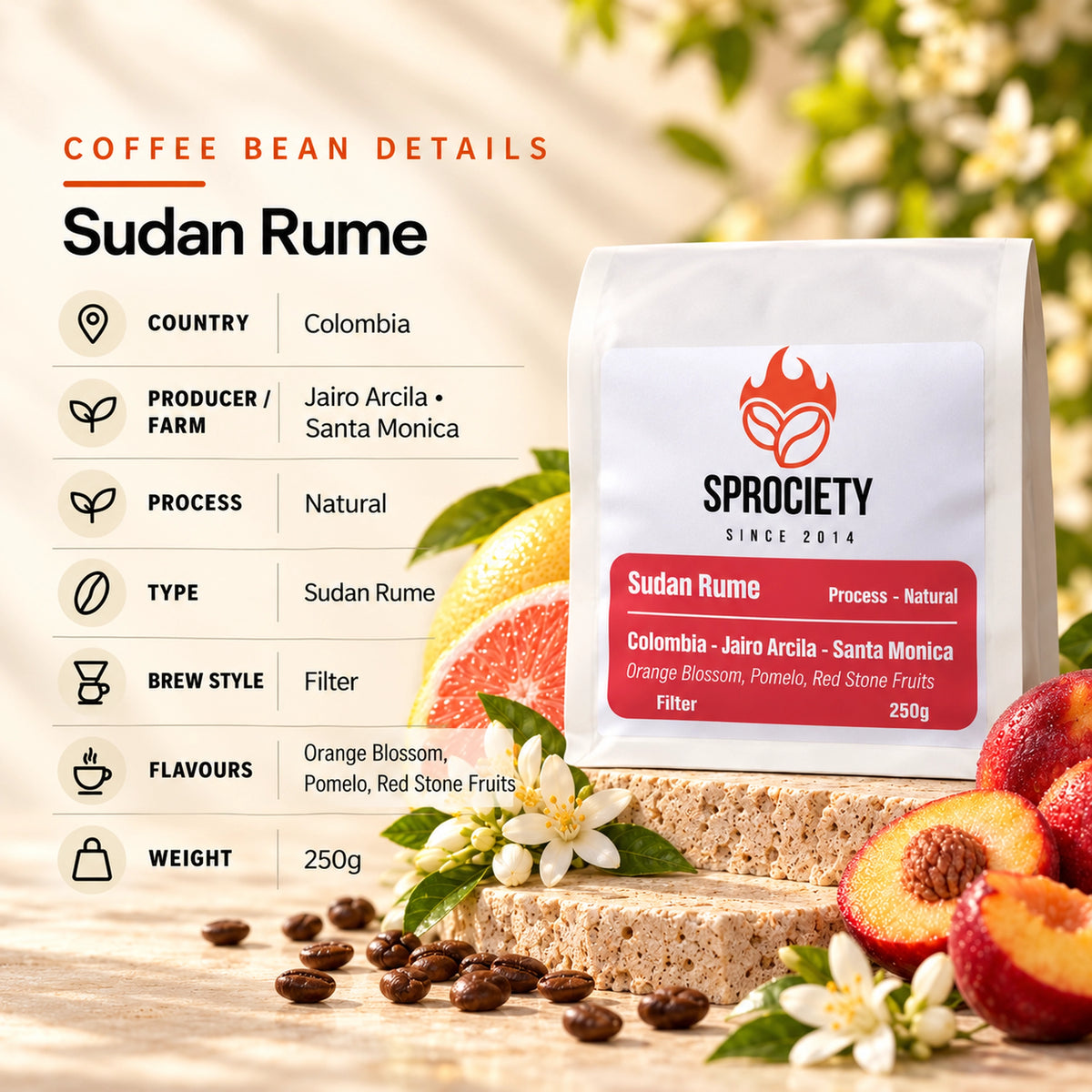 Sudan Rume coffee beans closeup – natural process rare variety, Colombia