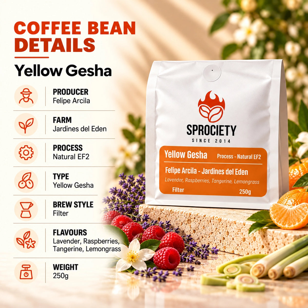 Yellow Gesha coffee beans closeup – washed Gesha variety, Colombia