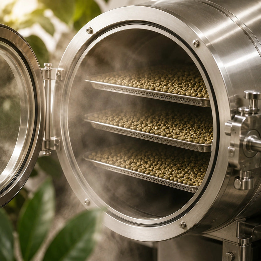 Green coffee beans being steamed to prepare for decaffeination
