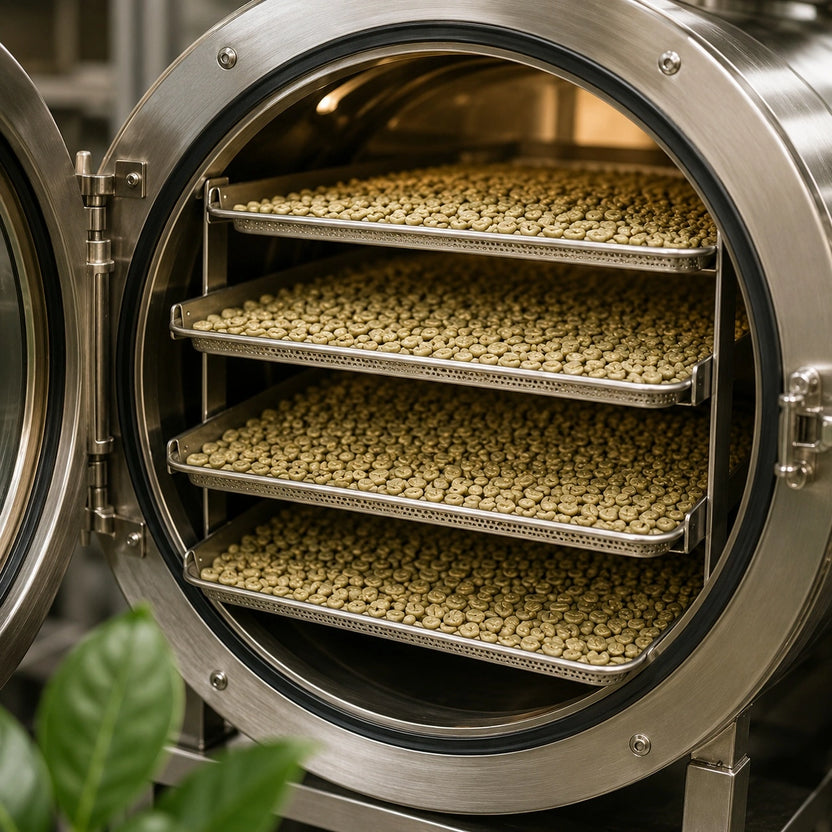 Decaffeinated coffee beans drying before roasting